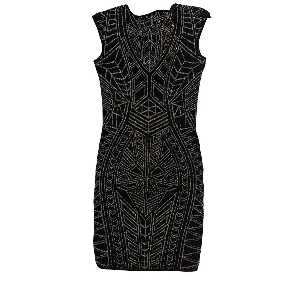 RVN Abstract Jacquard Mini Dress Black Silver Metallic V-Neck Bodycon Small - Picture 9 of 11